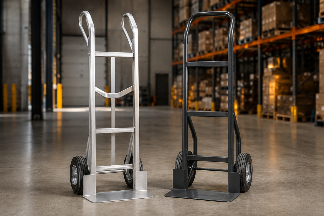 Aluminum and steel commercial hand trucks compared in a warehouse