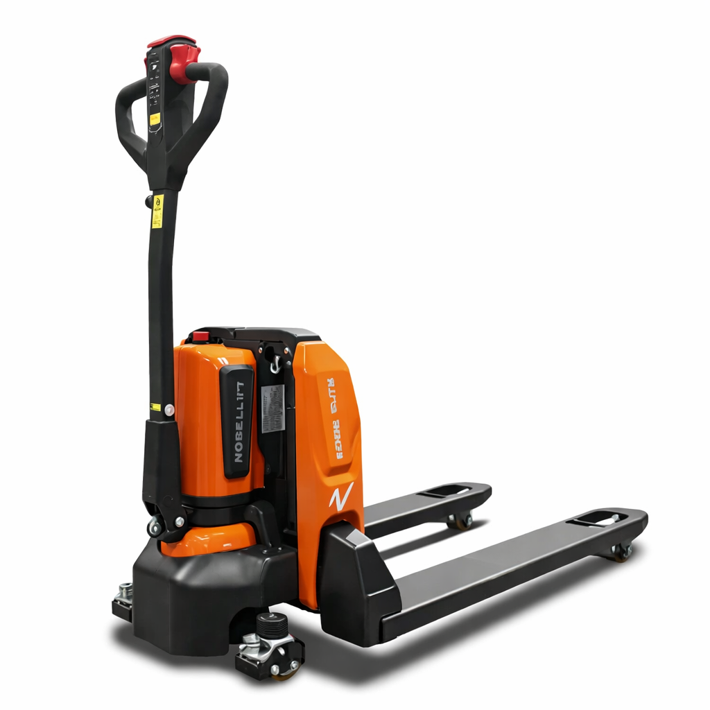 Noblelift EDGE Elite electric pallet jack showing the complete tiller, power unit, forks and wheels