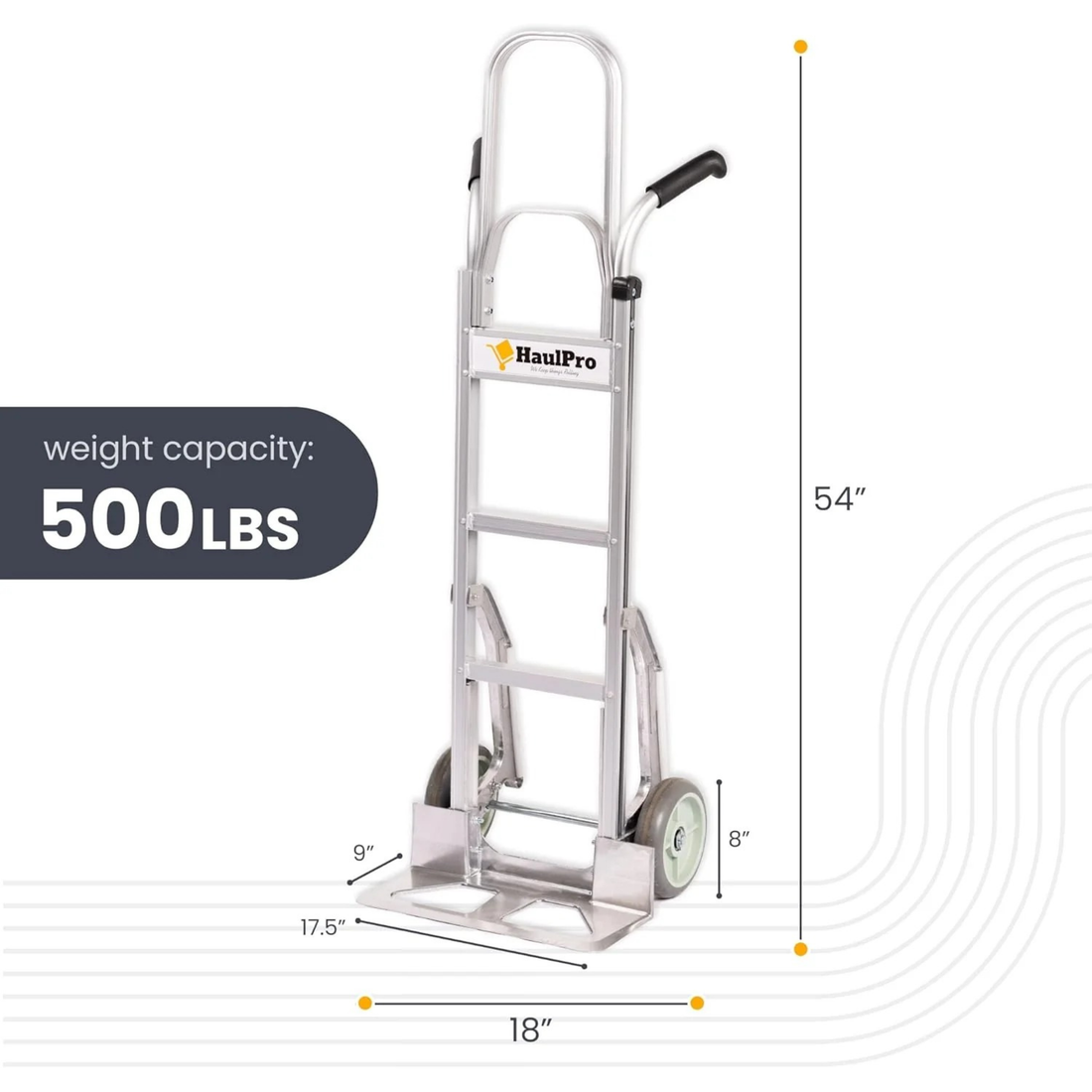 HaulPro aluminum hand truck showing the complete handles, frame, wheels and nose plate