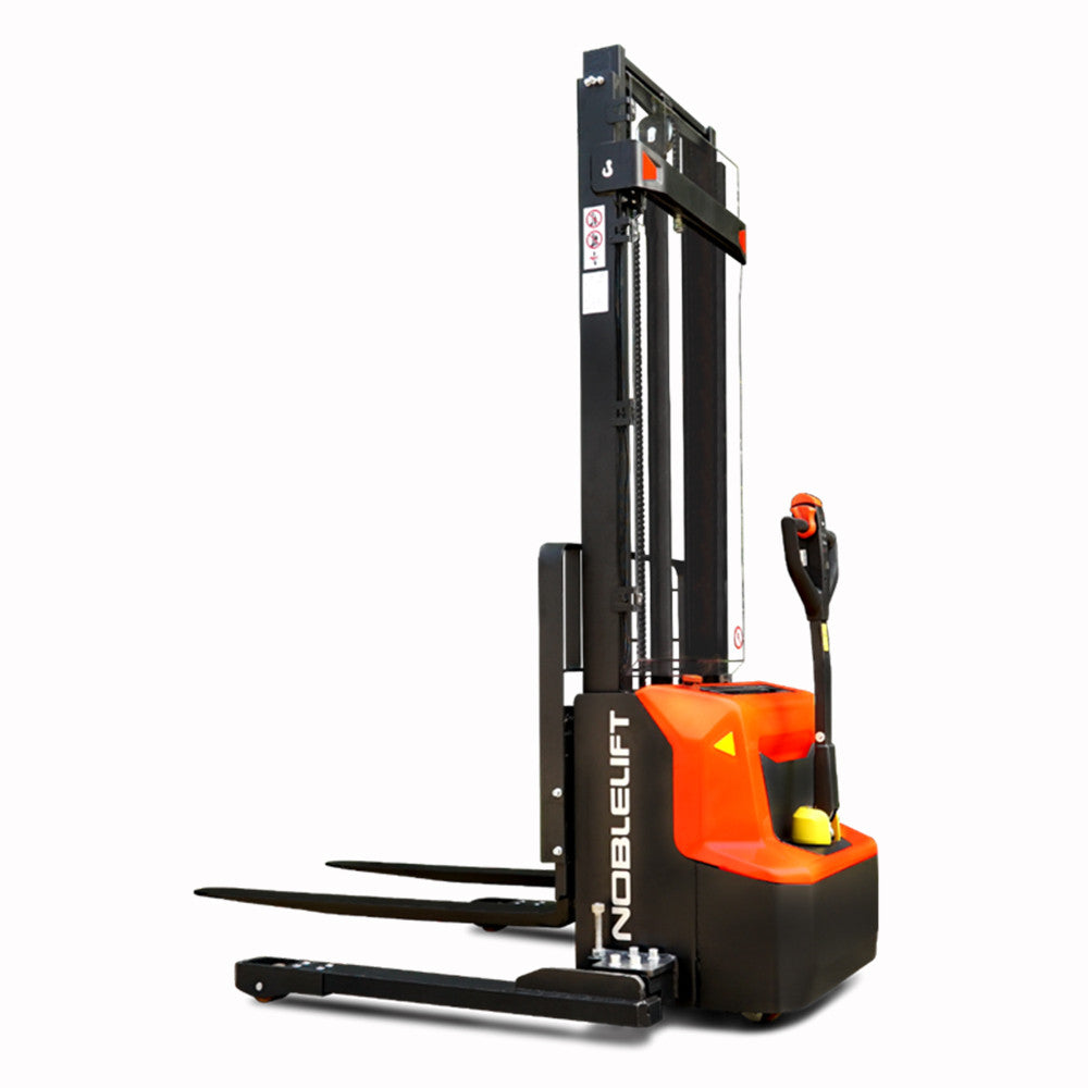 Noblelift lithium walkie straddle stacker showing the complete mast, forks, legs, wheels and tiller