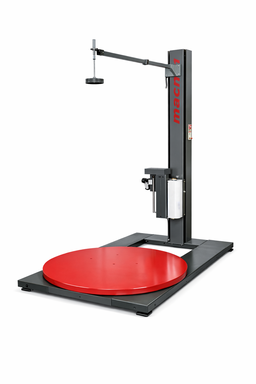 Mach 1 low-profile stretch wrapper with overhead top sheet dispenser and large round red turntable platform