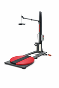 Mach 1 low-profile pallet stretch wrapper with overhead top sheet dispenser and footswitch control front angle view