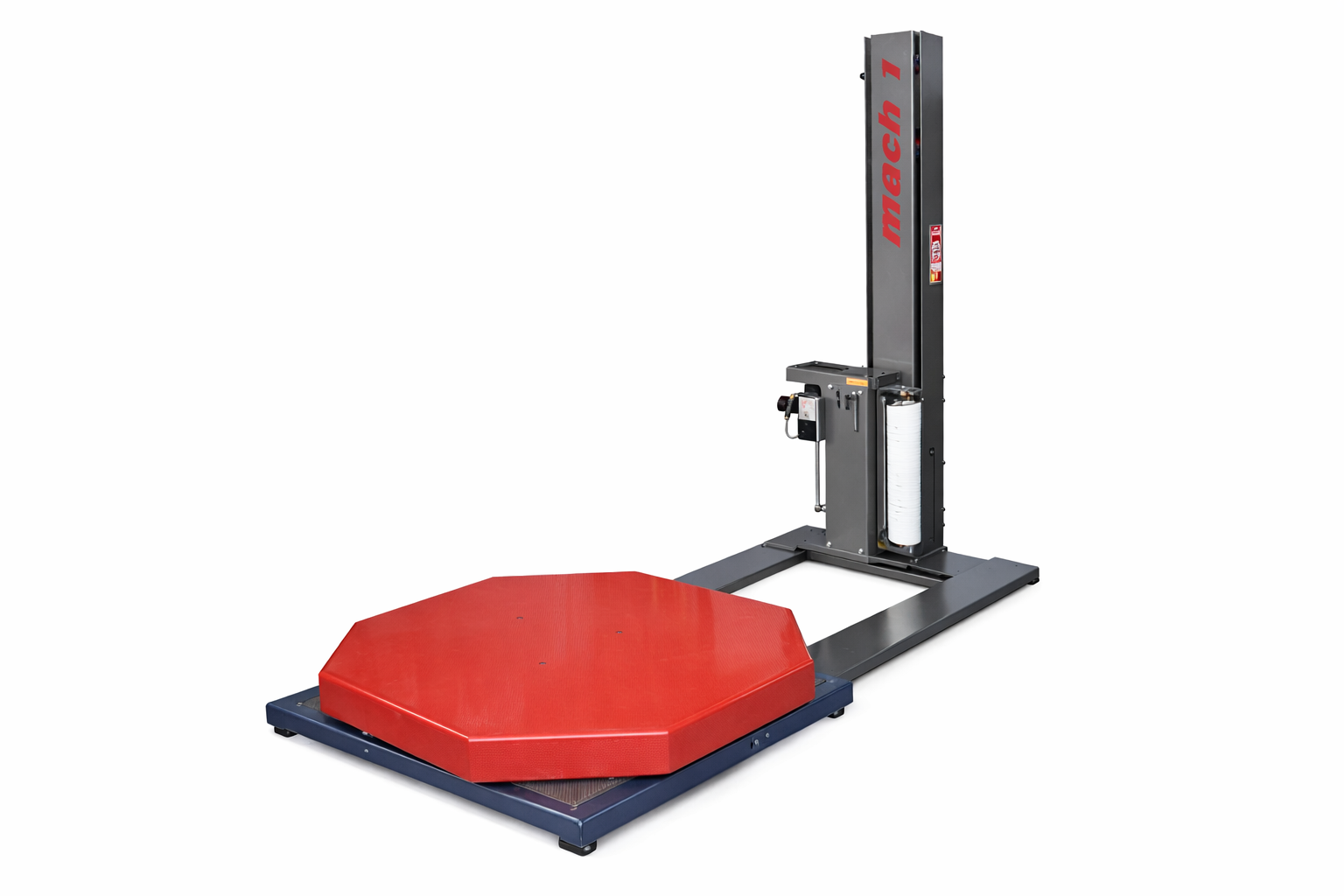 Mach 1 semi-automatic pallet stretch wrapper with raised octagonal red turntable and integrated floor scale platform