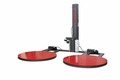Mach 1 Sonic LPX Dual Turntable stretch wrapper with dual red low-profile turntables and film carriage mast angled view