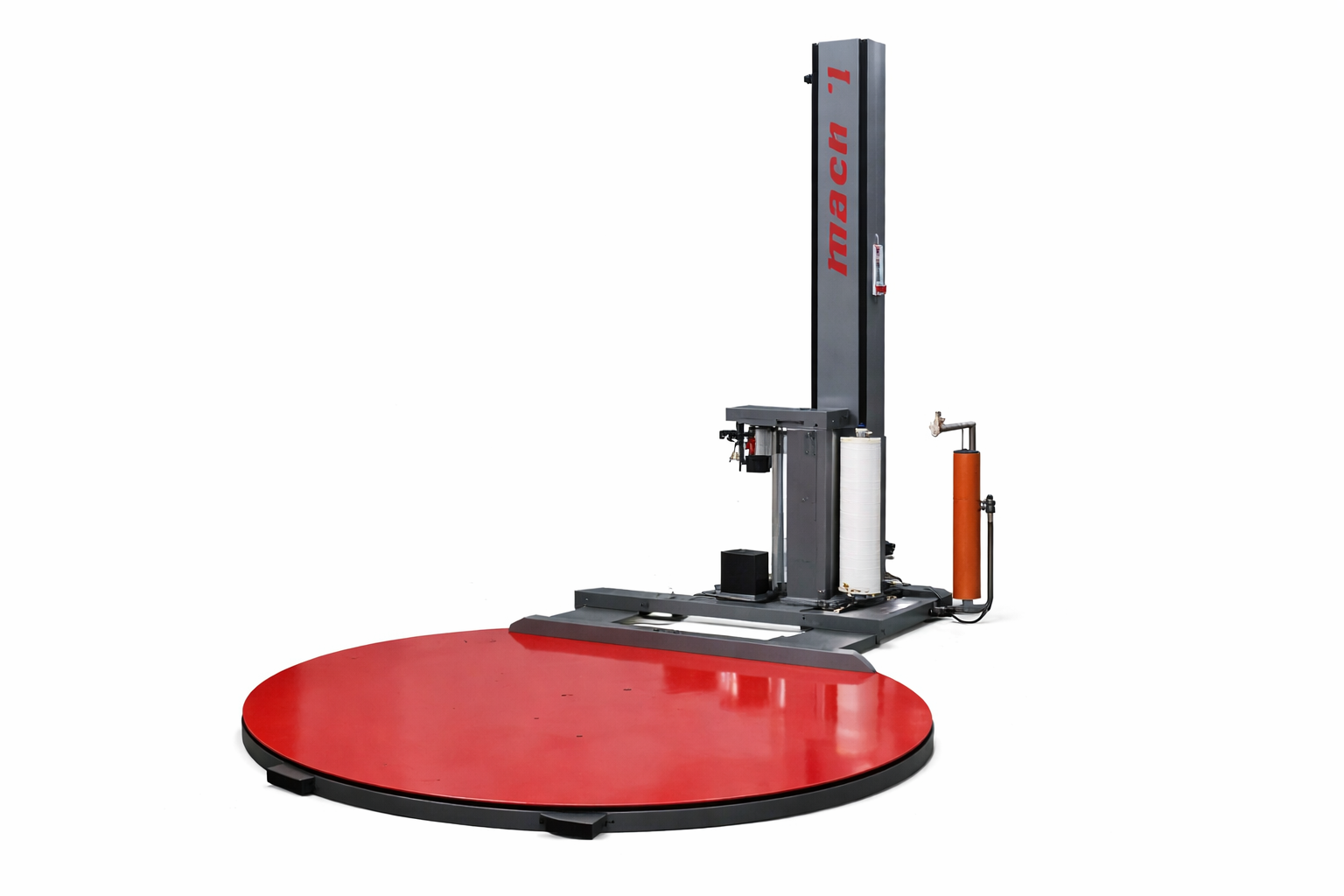 Mach 1 Sonic LPA low-profile portable automatic pallet stretch wrapper with round red turntable and dual film rolls