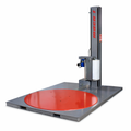 Mach 1 Sonic LPS semi-automatic pallet stretch wrapper with oversized round red turntable and film carriage mast