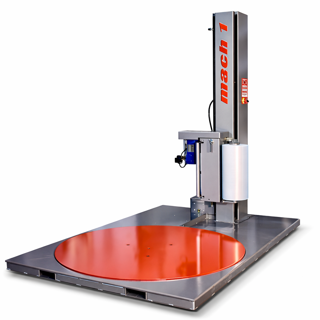 Mach 1 Sonic LPS low-profile semi-automatic stretch wrapper with 59-inch red turntable front view