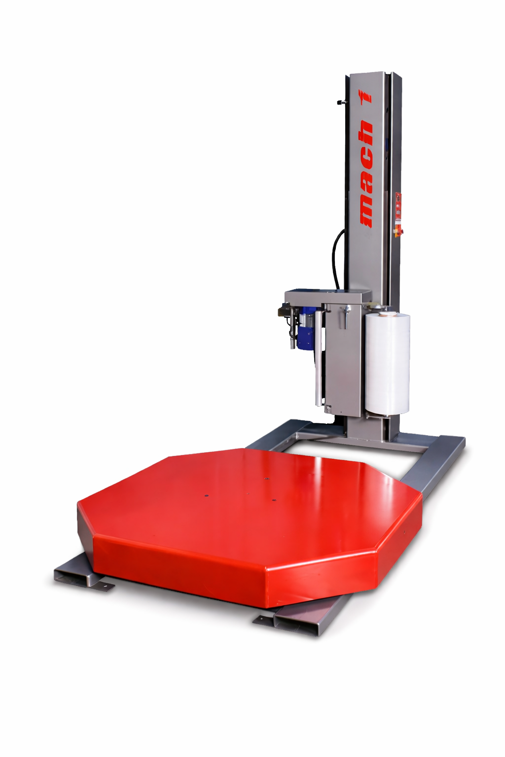 Mach 1 Sonic HPX high-profile semi-automatic stretch wrapper with red turntable and DIGI-TECH control panel