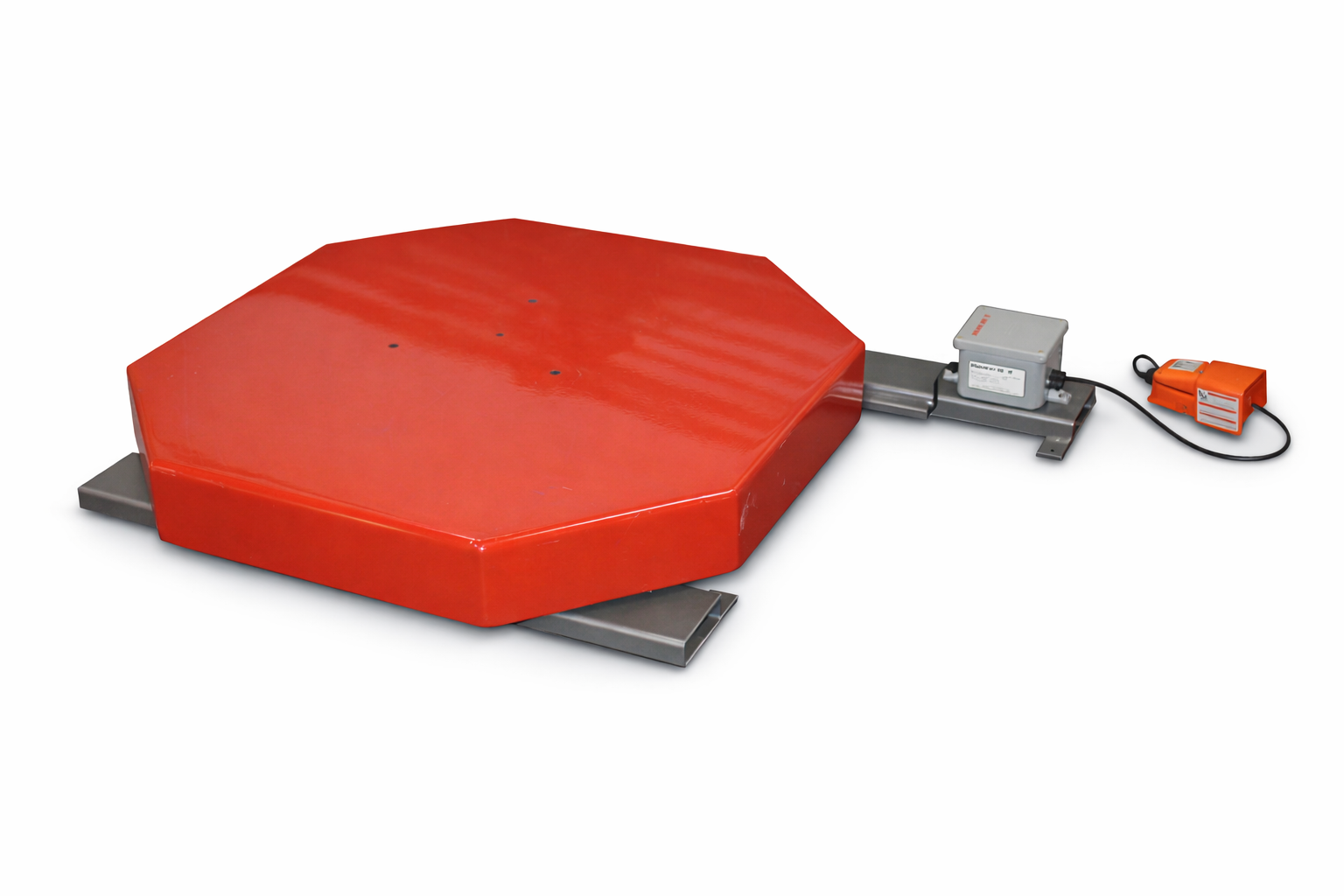 Mach 1 Rocket H footswitch-activated turntable stretch wrapper with 48-inch octagonal red turntable top view