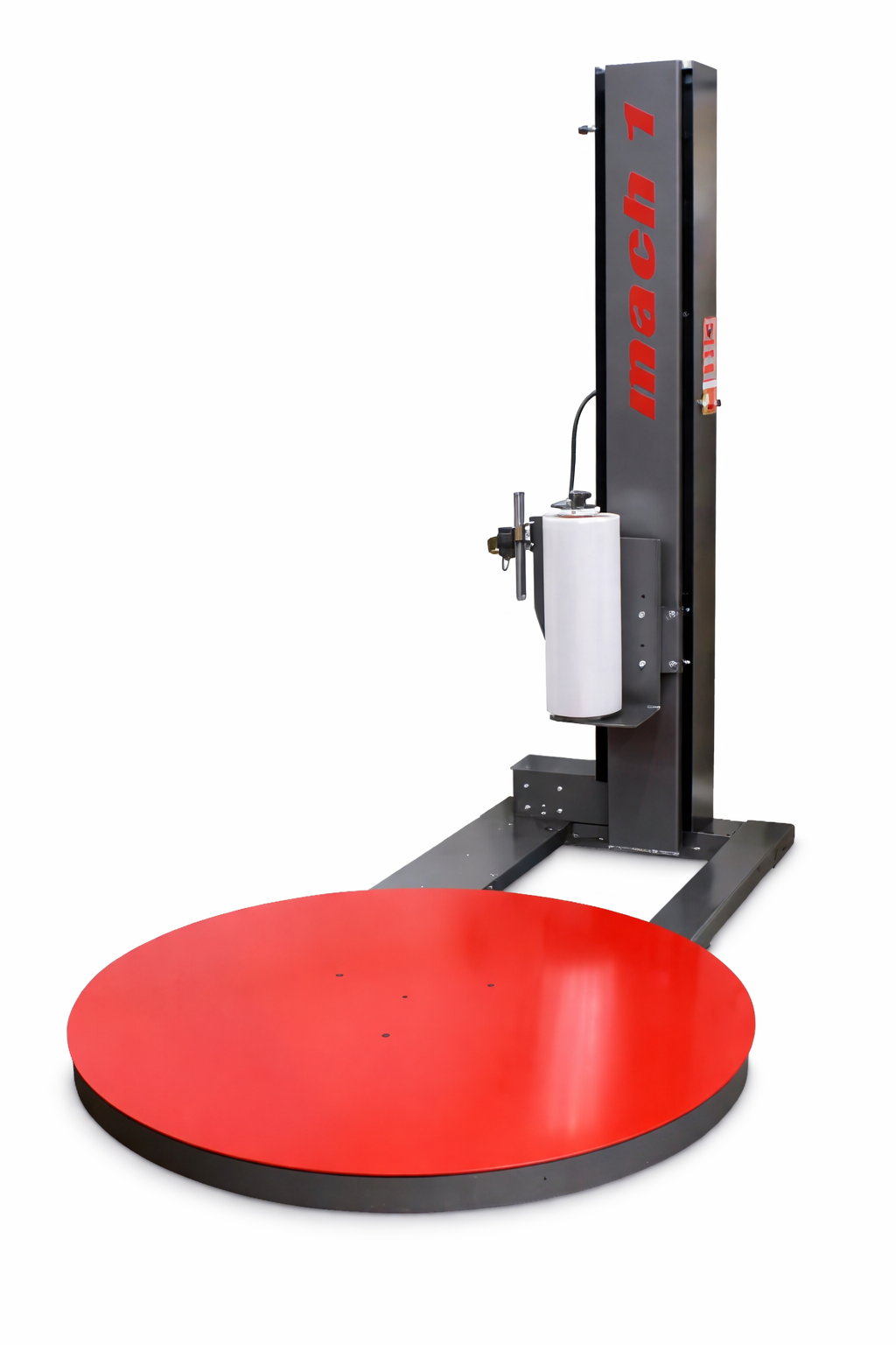 Mach 1 Rocket H semi-automatic stretch wrapper with 48-inch red turntable and film carriage mast front view