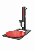 Mach 1 semi-automatic low-profile stretch wrapper with integrated scale display and oversized round red turntable