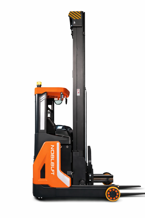 Noblelift RT35-45R Pro Electric Narrow Aisle Reach Stacker in orange and black side profile view