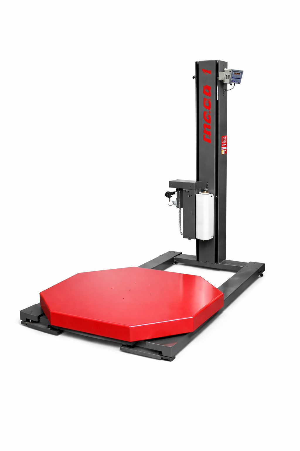 Mach 1 Sonic HPX Scale pallet stretch wrapper with integrated floor scale digital display and red octagonal turntable