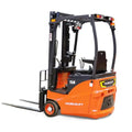Nobelift FE3R15N electric three-wheel forklift in orange and black, model 15N, on white background