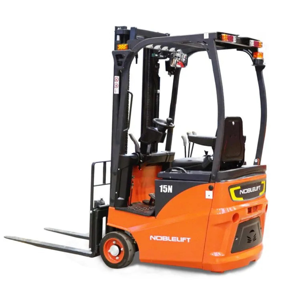 Nobelift FE3R15N electric three-wheel forklift in orange and black, model 15N, on white background