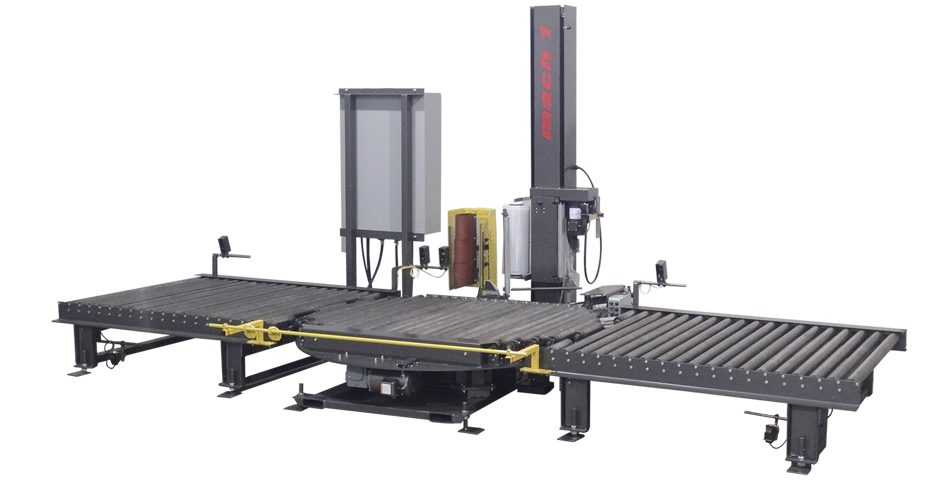 Mach 1 Dynamic TTX Fully Automated Turntable Conveyorized Stretch Wrapping System with Inline Conveyor and Allen-Bradley Control Panel