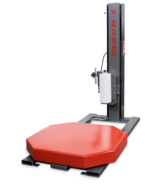 Mach 1 Rocket H semi-automatic stretch wrapper with 48-inch octagonal red turntable and film carriage mast front angle view
