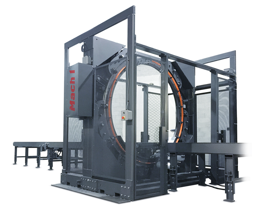 Mach 1 Galaxy Orbital ring stretch wrapper with steel safety enclosure and inline conveyor system