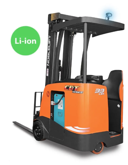 Noblelift CBT33-40 Series Lithium Stand-Up Counterbalance Forklift in orange and black with Li-ion battery badge