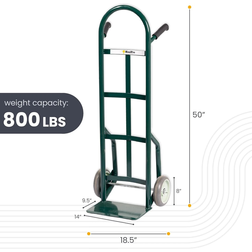 Steel green hand truck angled view showing steel frame and 8 inch wheels