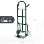 Steel green hand truck angled view showing steel frame and 8 inch wheels