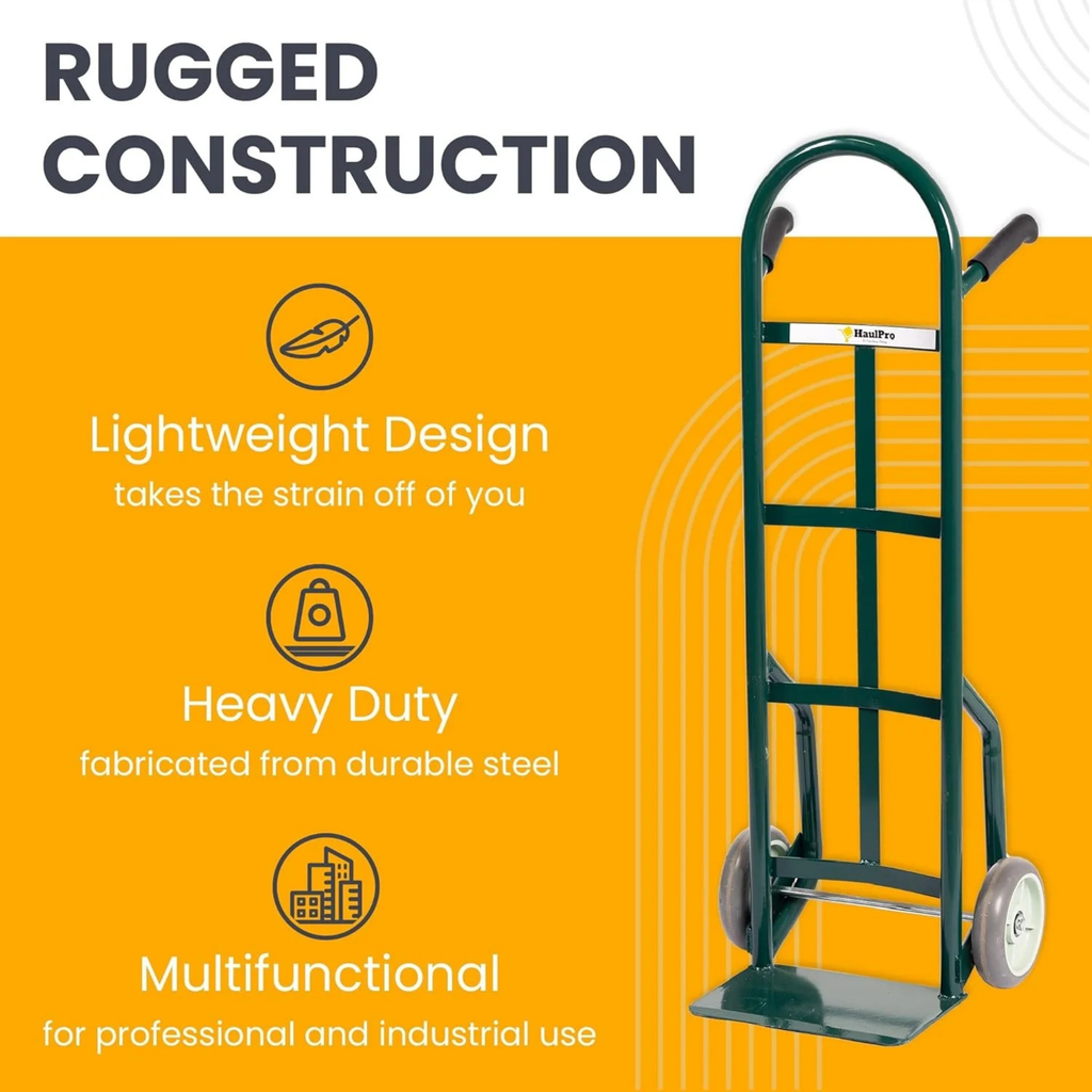 Steel green hand truck back view with reinforced steel frame