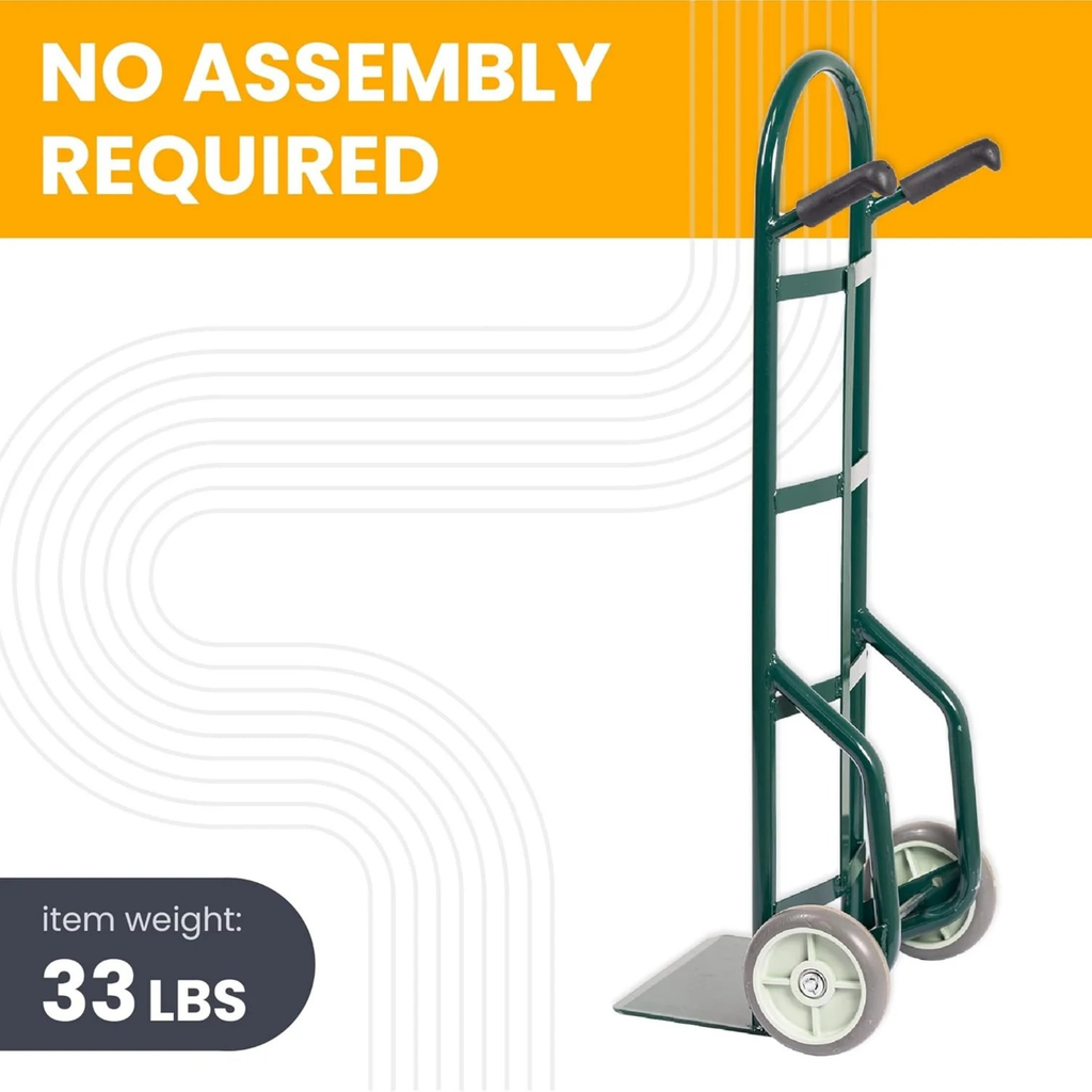 Steel green hand truck side view highlighting steel construction and wheel placement