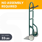 Steel green hand truck side view highlighting steel construction and wheel placement