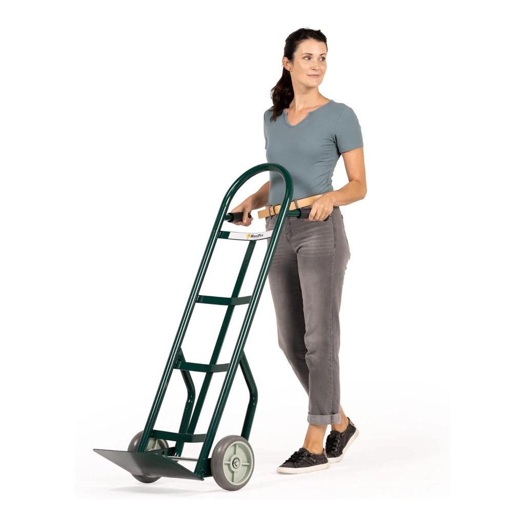 Steel green hand truck steel nose plate detail for lifting boxes and equipment