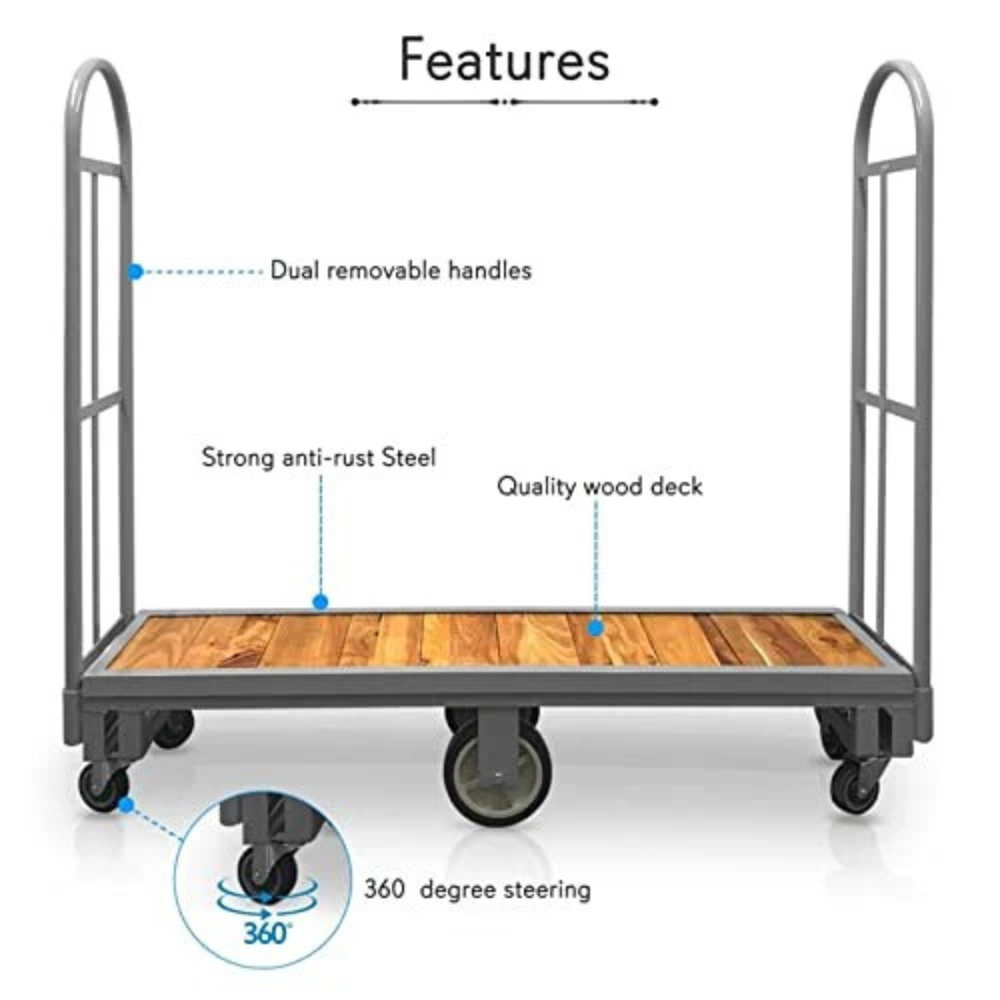 Wood U Boat platform cart 16 x 48 inch handle and upright rails