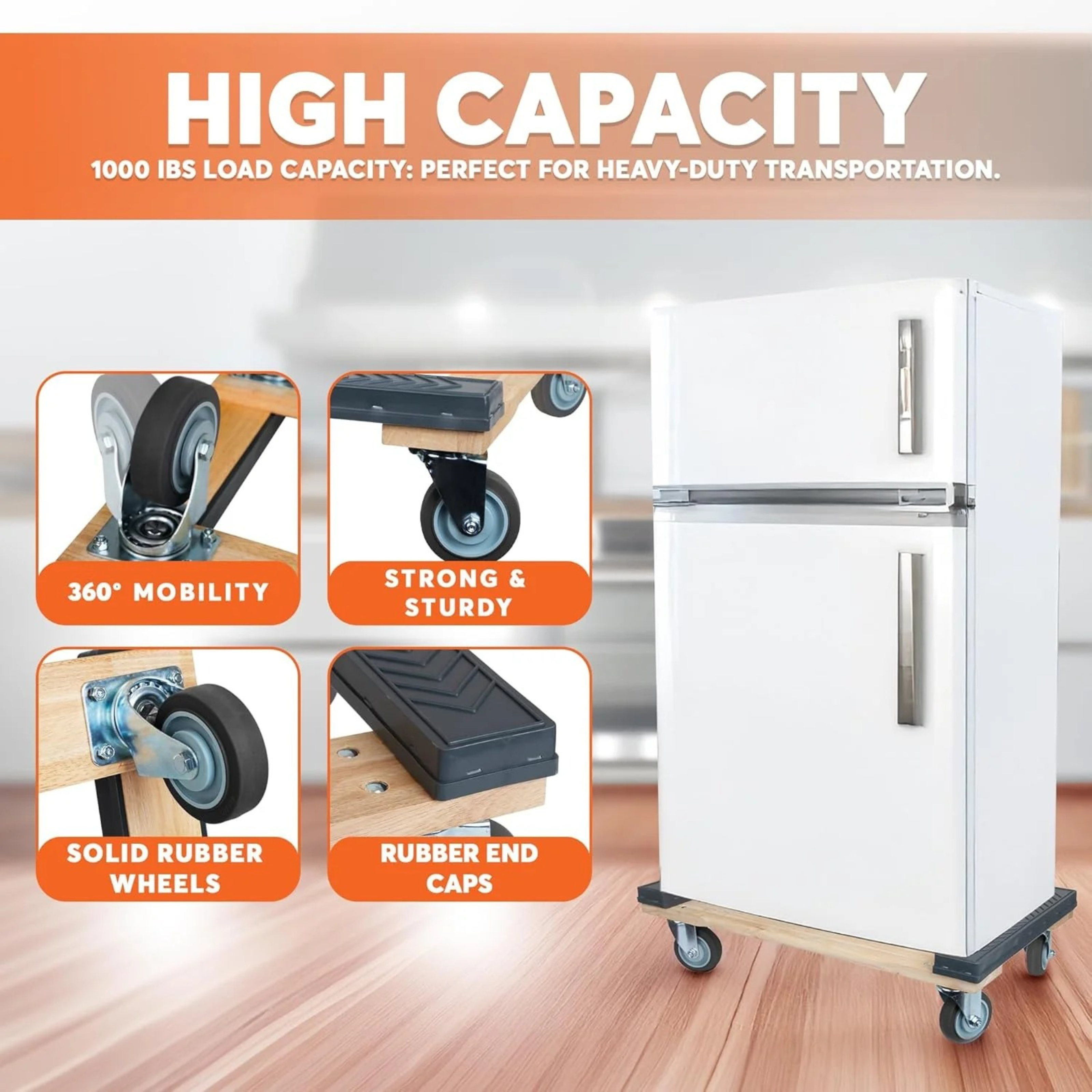Wooden dolly rubber caster wheel close up detail