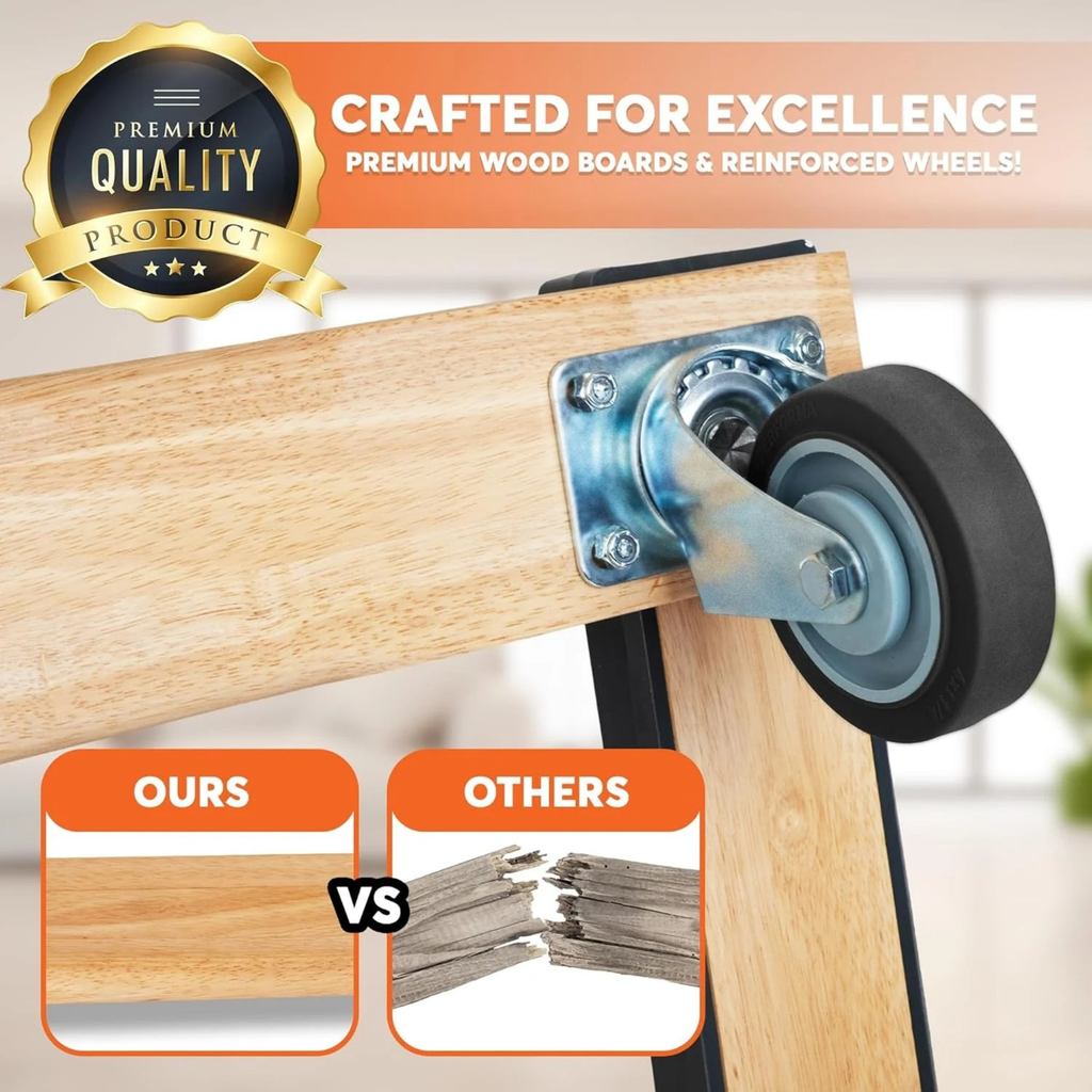 Wooden dolly rubber wheels showing 360 degree caster rotation