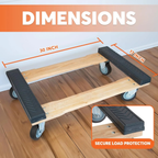 Wooden furniture dolly angled view with rubber caster wheels