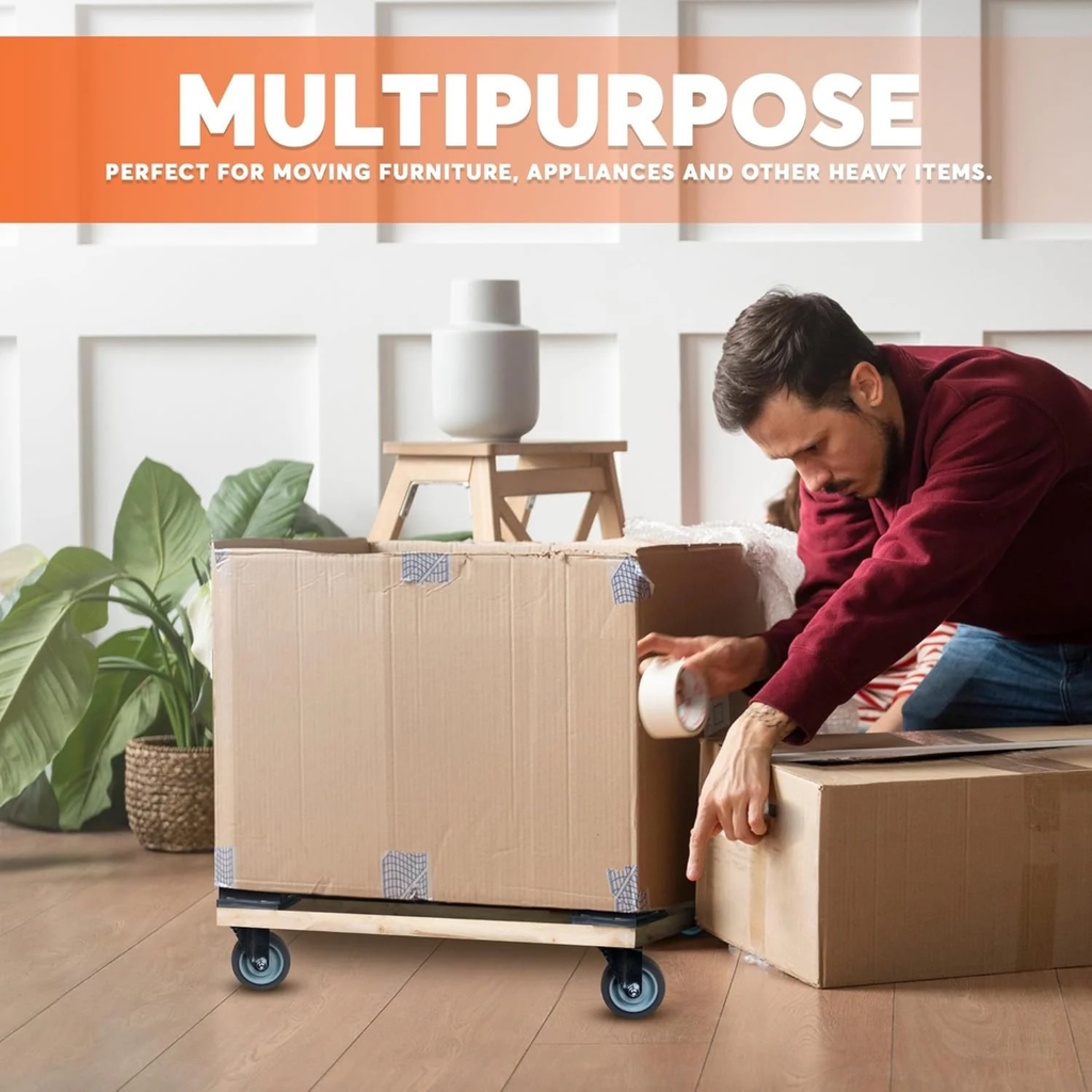 Wooden dolly with rubber wheels in use protecting floors while moving furniture