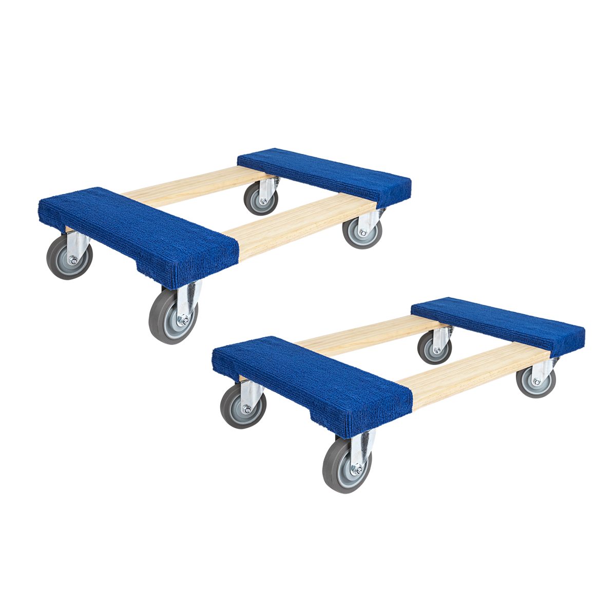 Two HaulPro heavy-duty 4-wheel wooden furniture dollies stacked in a warehouse.